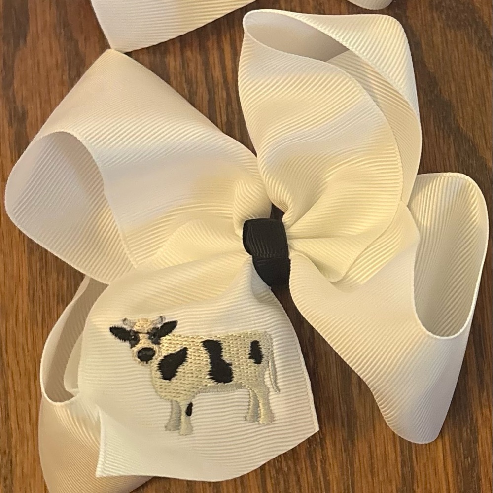 NEW White Hair Bow Cow Embroidery 5 inches